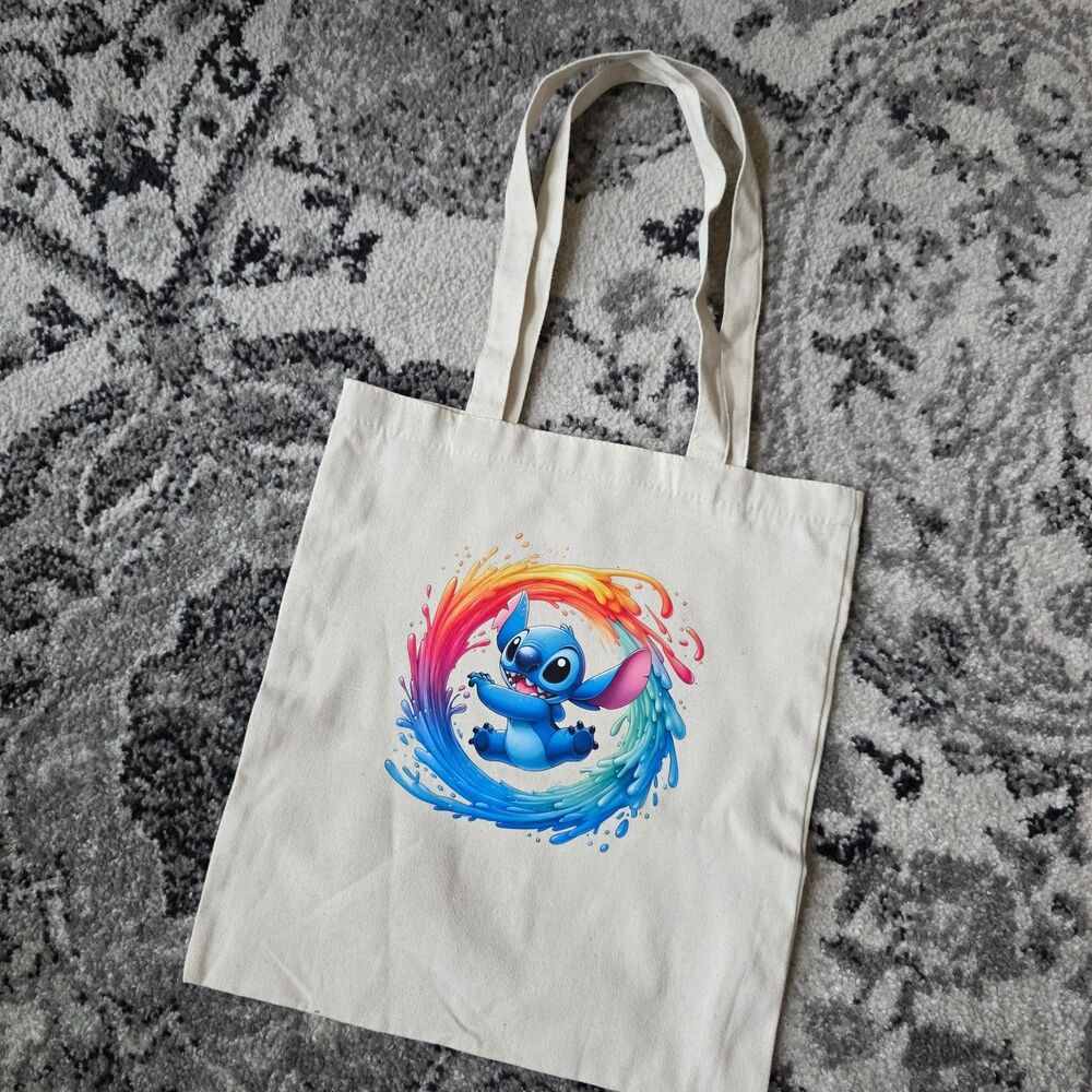 Canvas Tote Bag Beige Stitch Print Reusable Shopping Eco Friendly Cute Art Movie